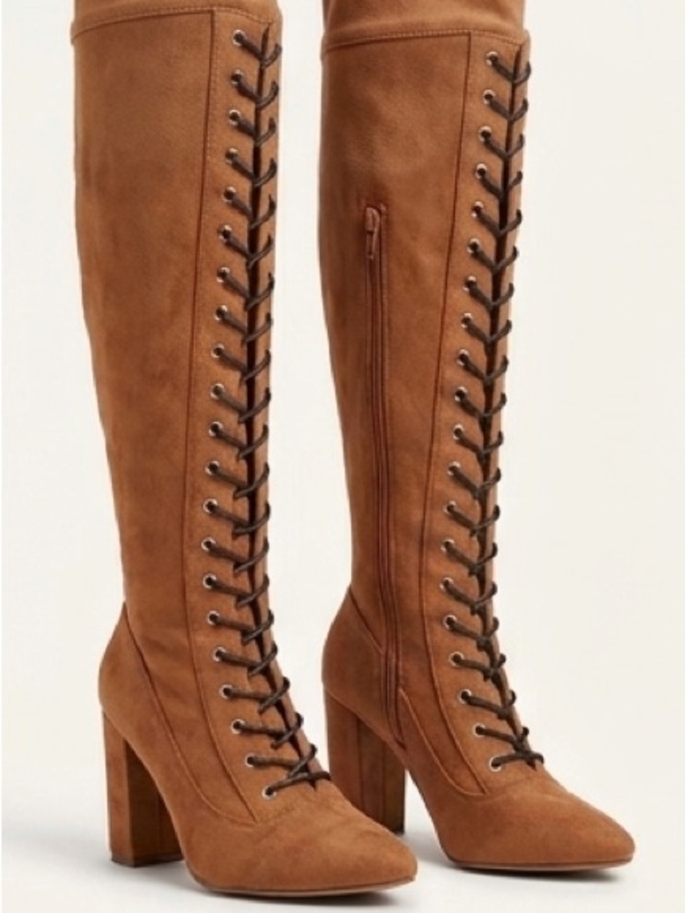 ShoeDazzle "Janitha" Tall Lace-Up Heeled Boots – Tan Suede